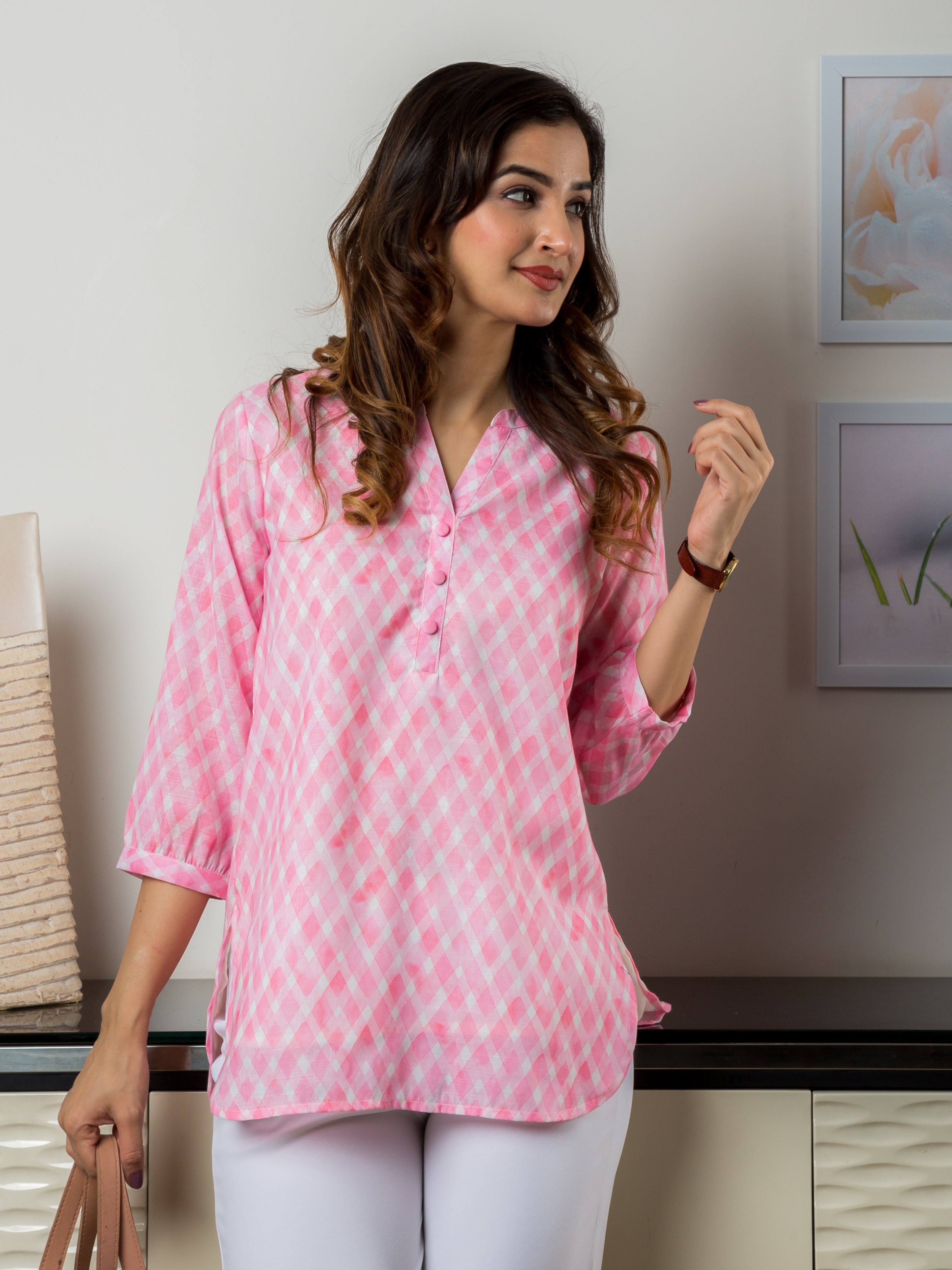 Women's Top in Pink Checkered Fabric - Front 2