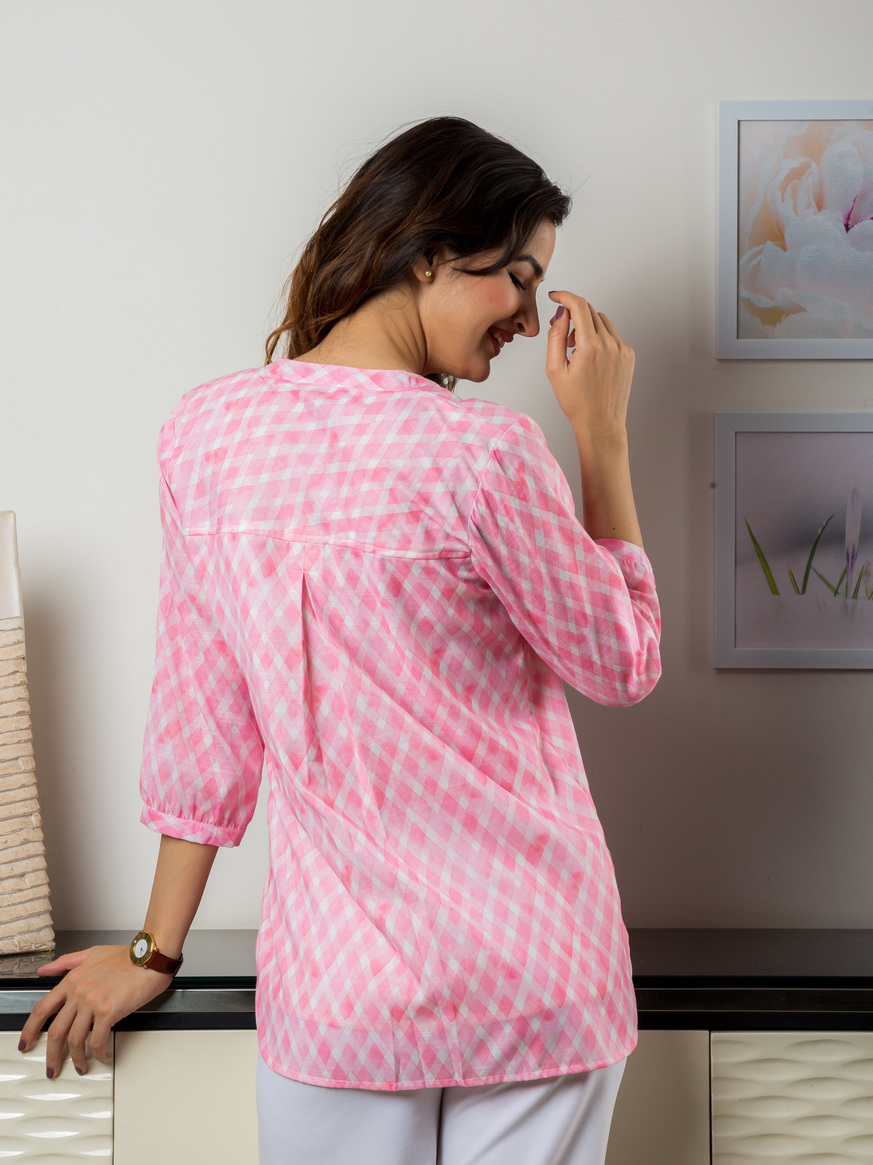 Women's Top in Pink Checkered Fabric - Back