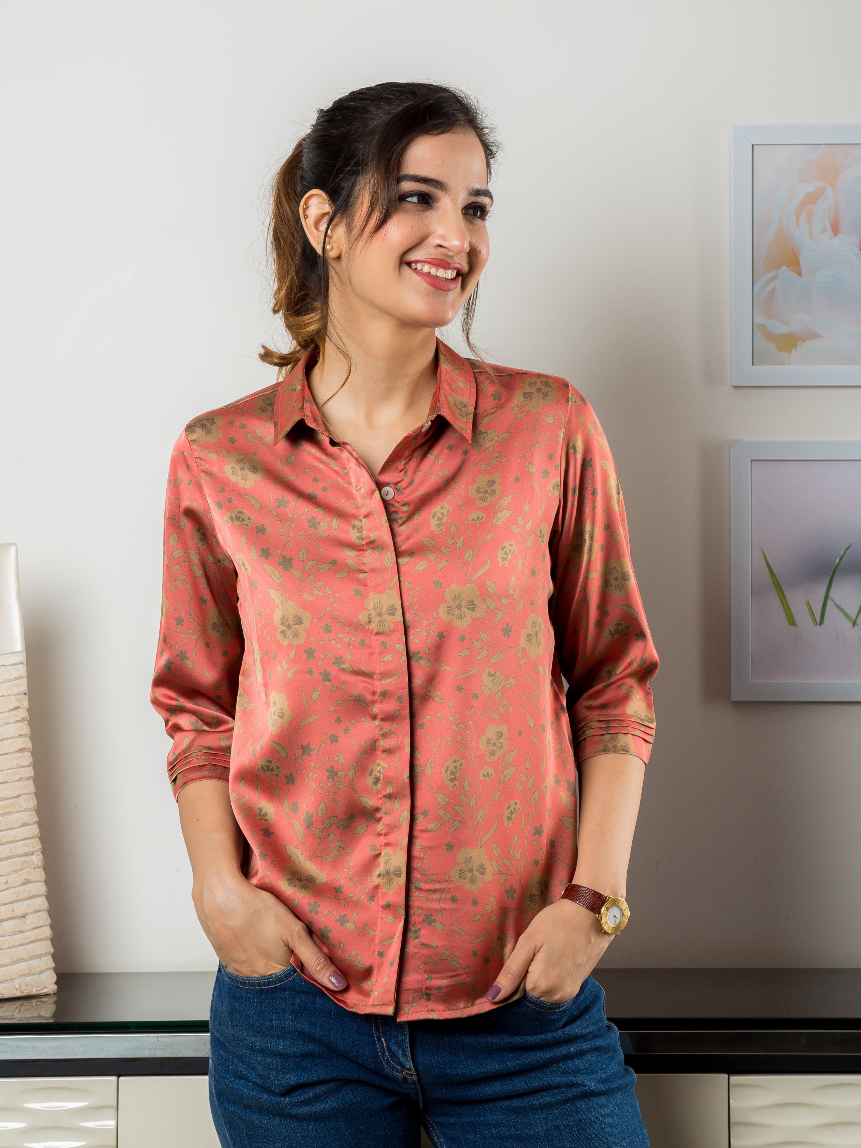 Women's Satin Shirt in Peach with Yellow floral print- Front