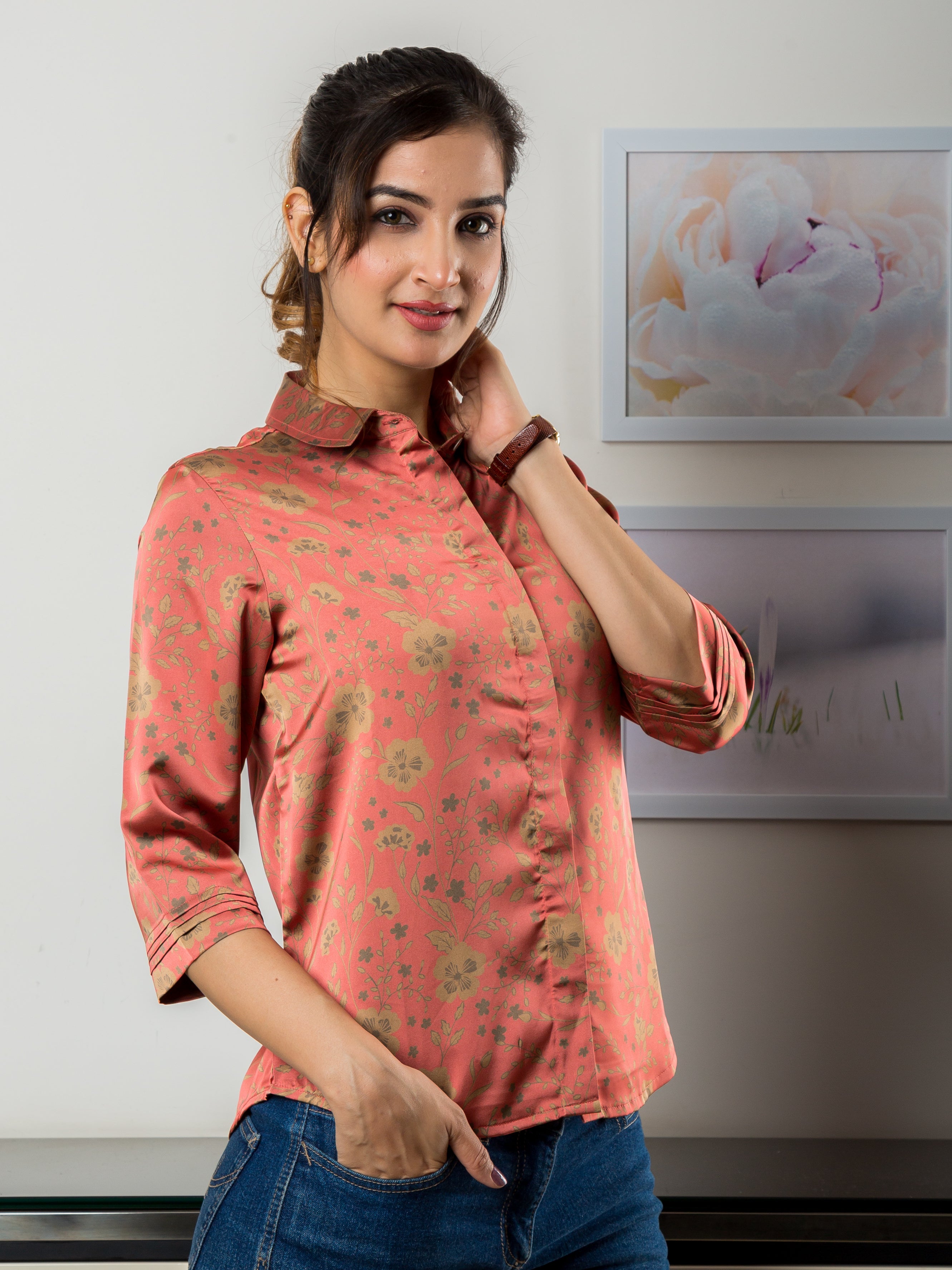 Women's Satin Shirt in Peach with Yellow floral print- Side