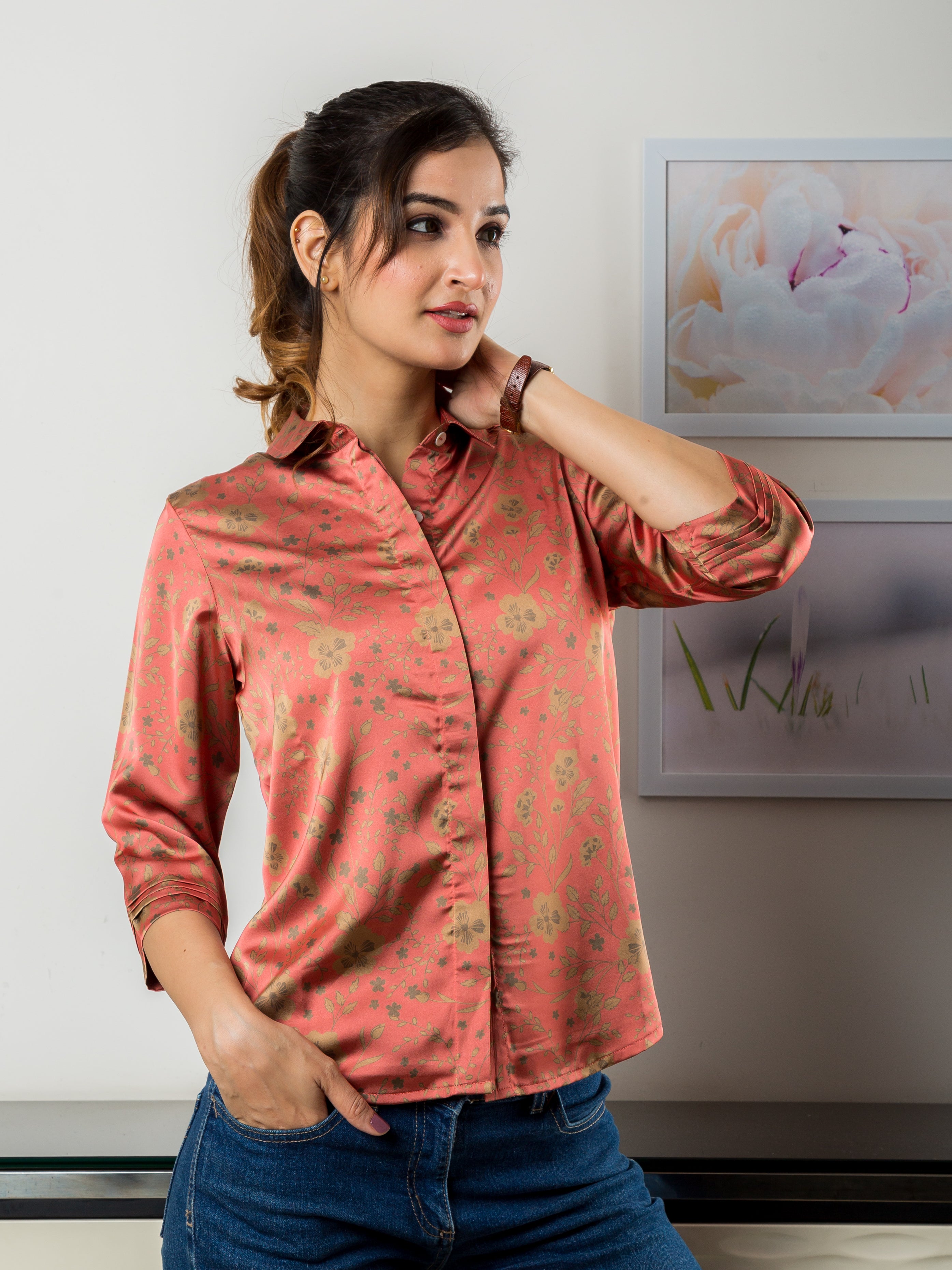Women's Satin Shirt in Peach with Yellow floral print- Front 2