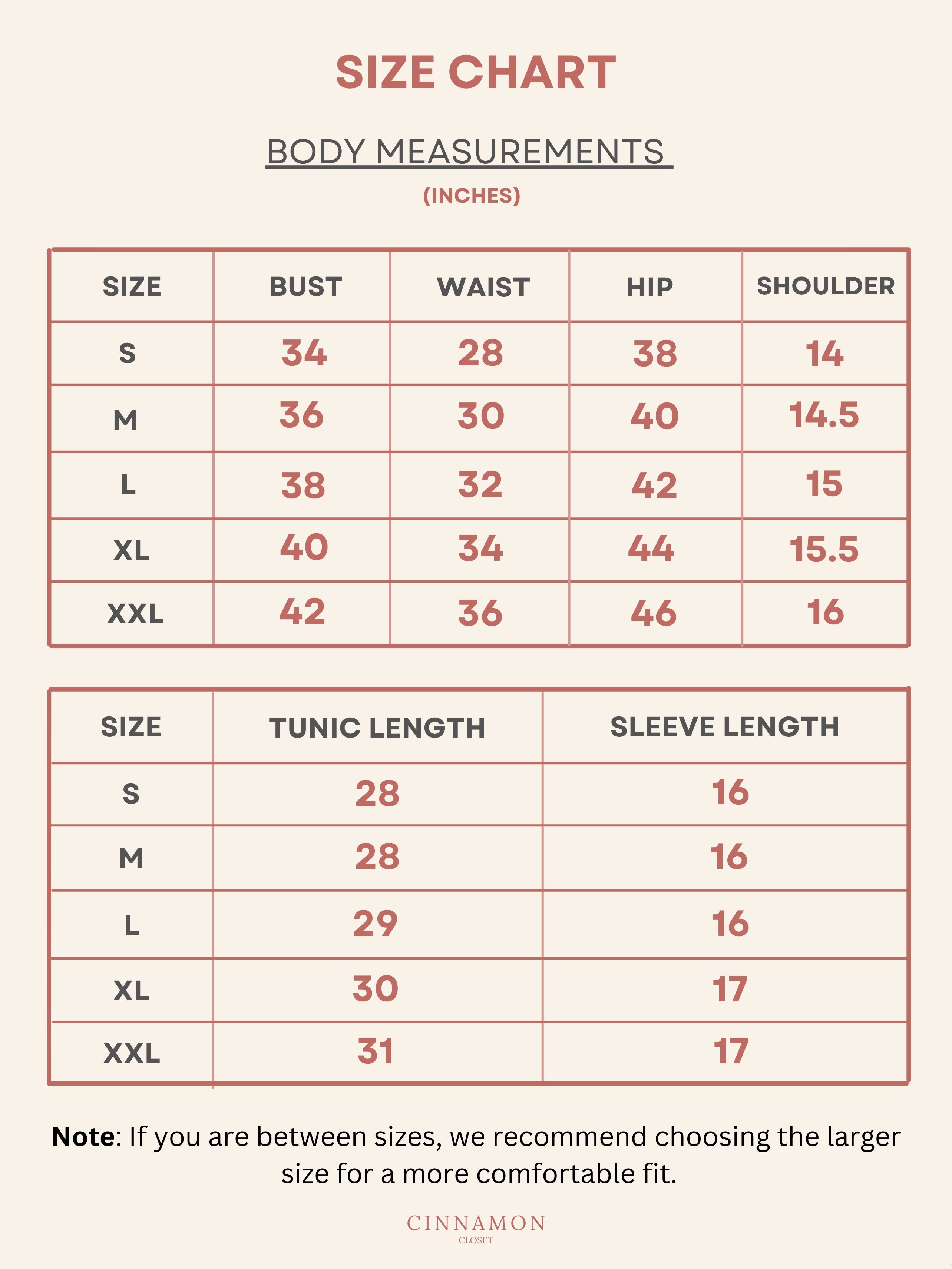 Tunics Size Chart For Women
