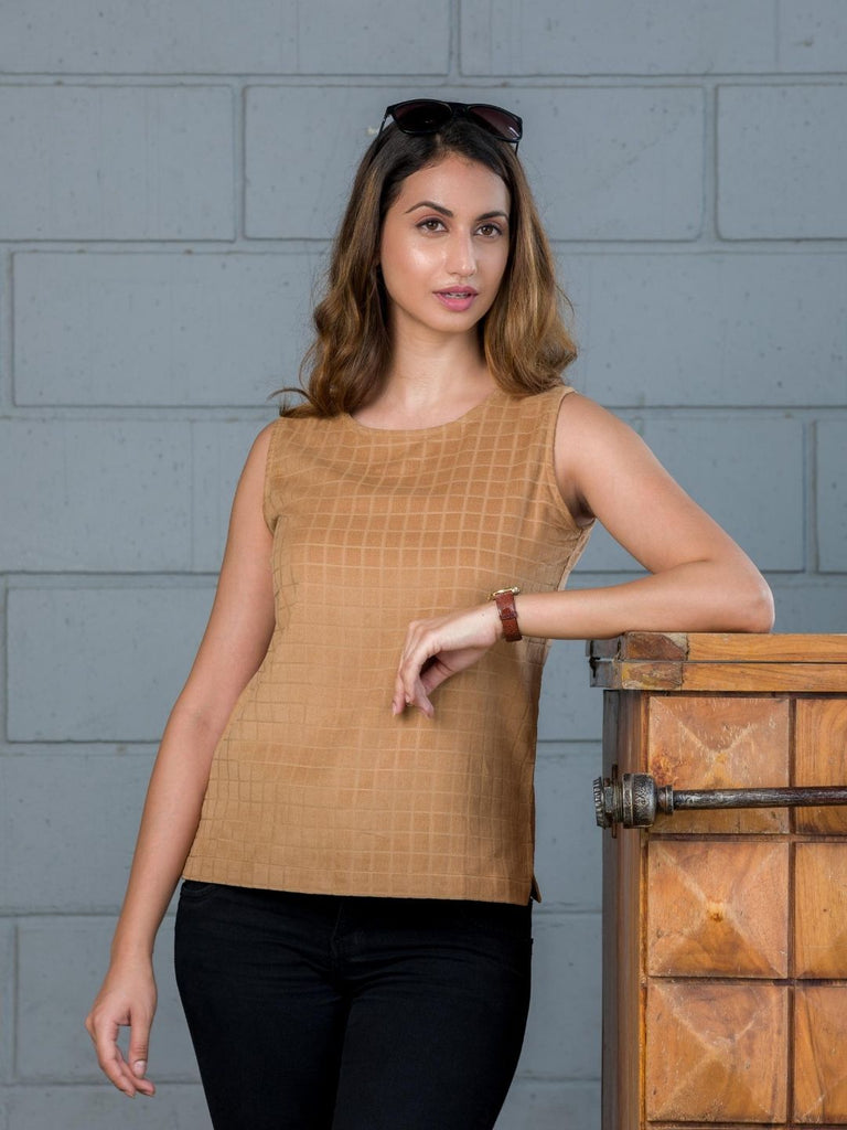 Brown Self Design Sleeveless Top