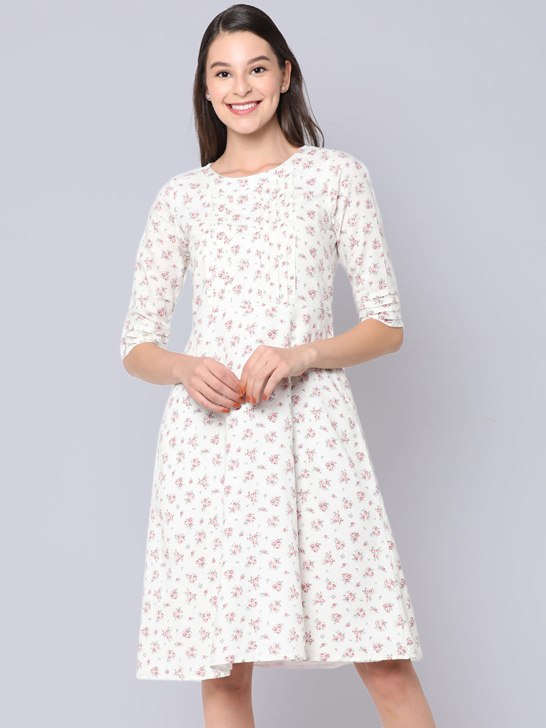 Cinnamon Closet Off-White Printed Cotton Floral Dress