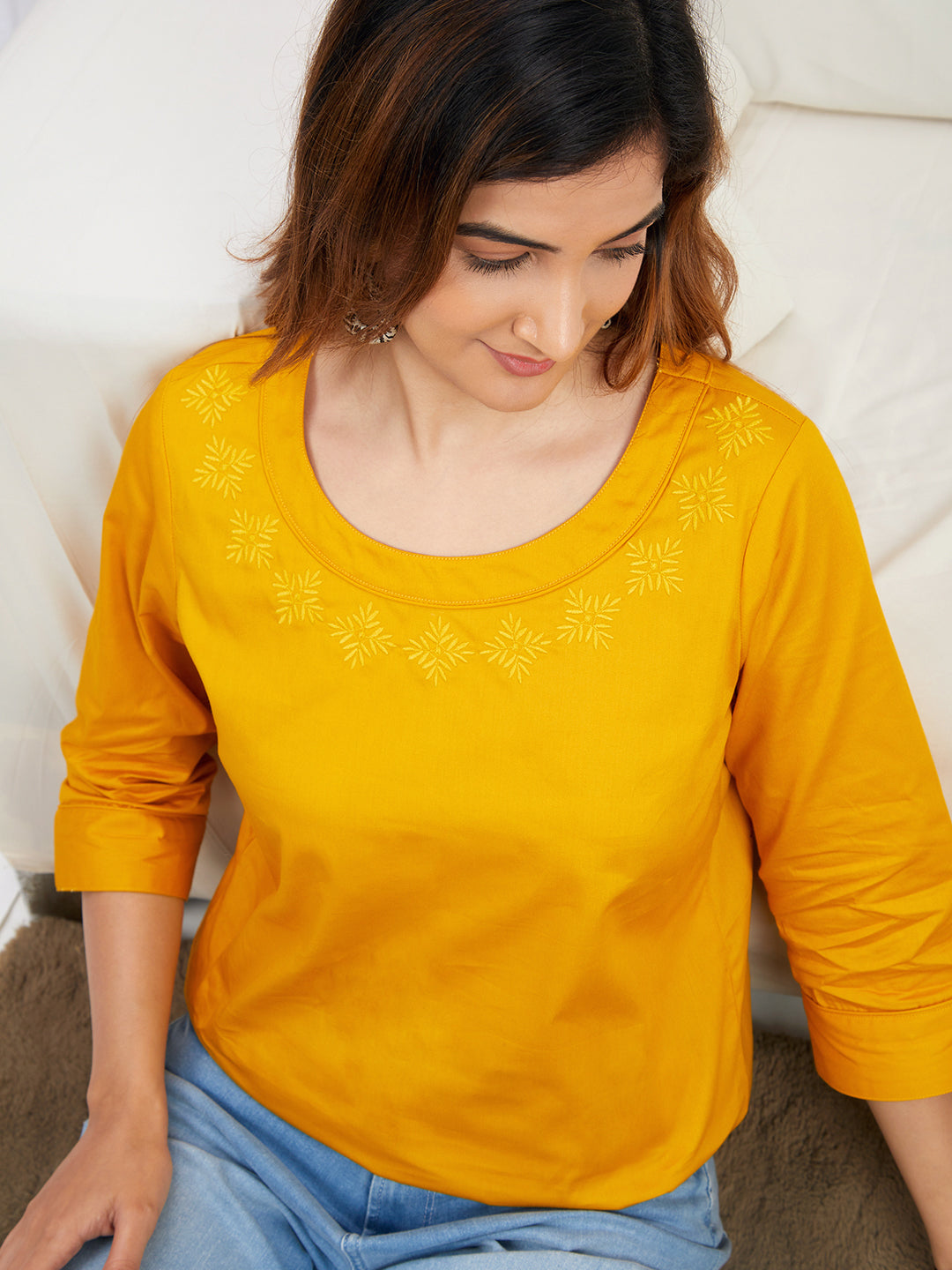 Women's Cotton Top in Yellow - Sitting