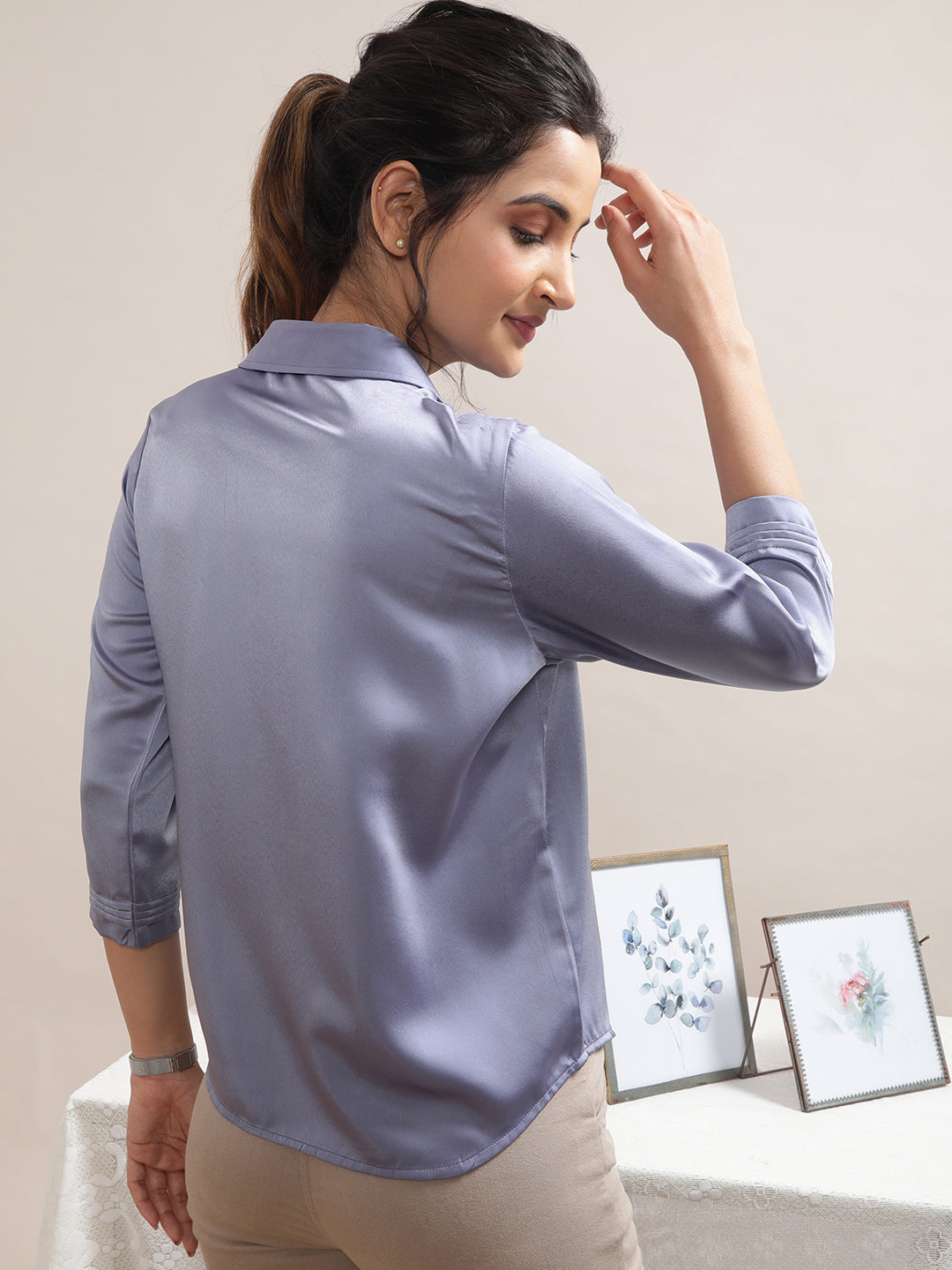 Women's Shirt in Lavender Satin Fabric - Back