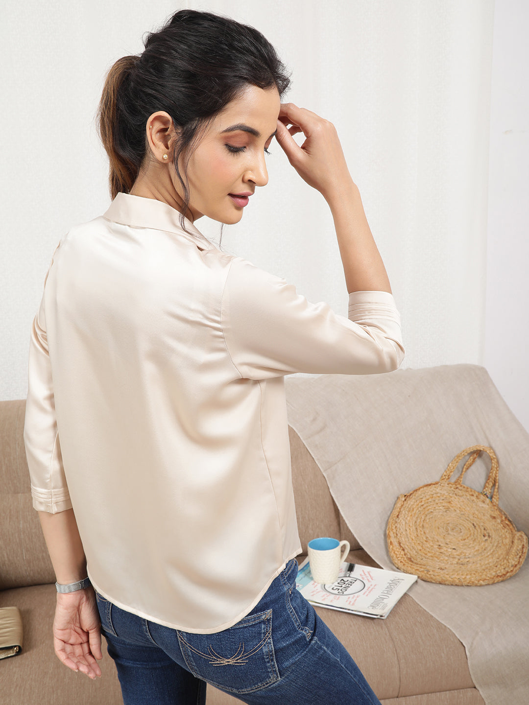 Women's Satin Shirt In Cream - Back