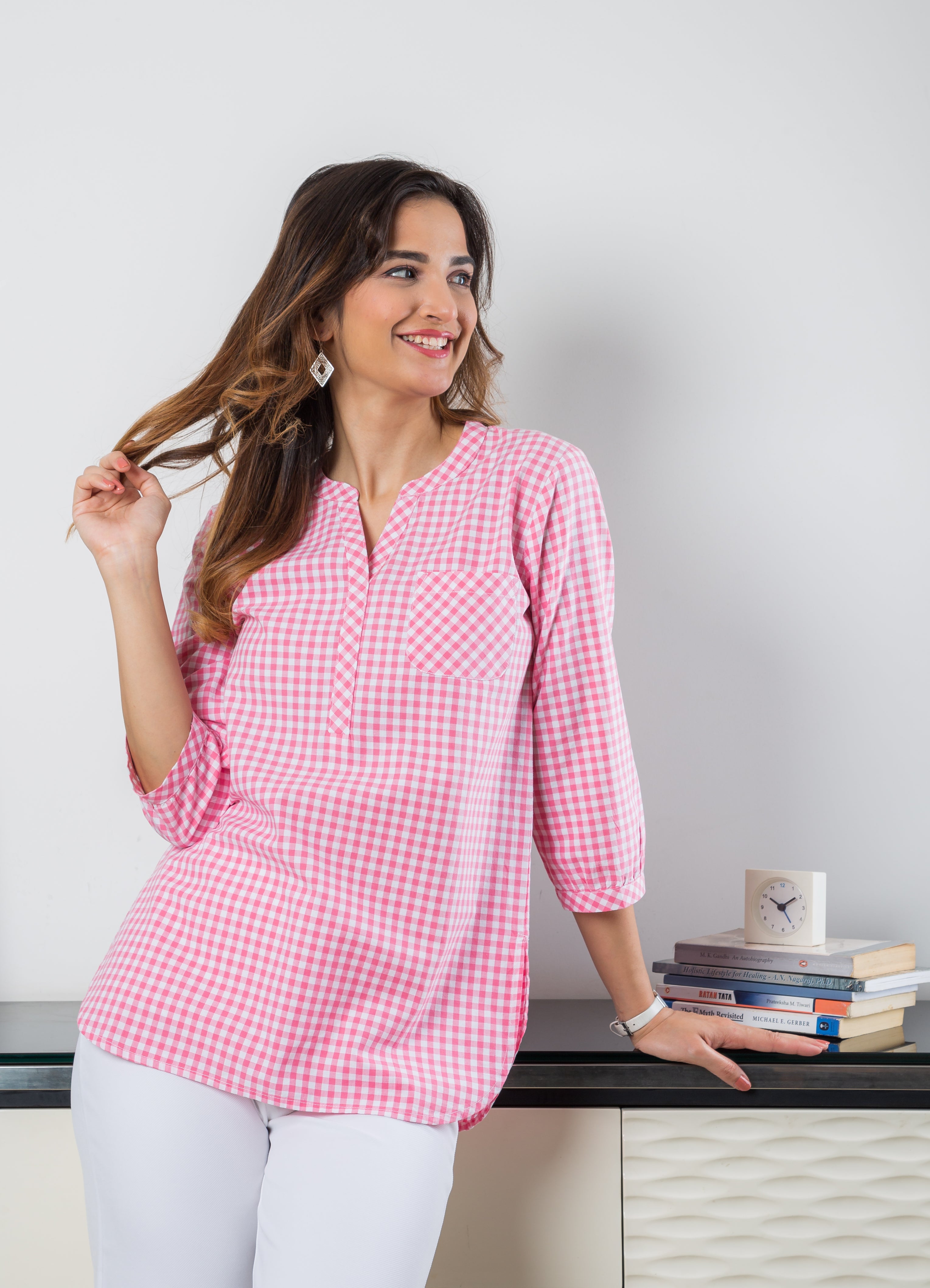 Women's Cotton Tunic in Pink Checks - Front 2