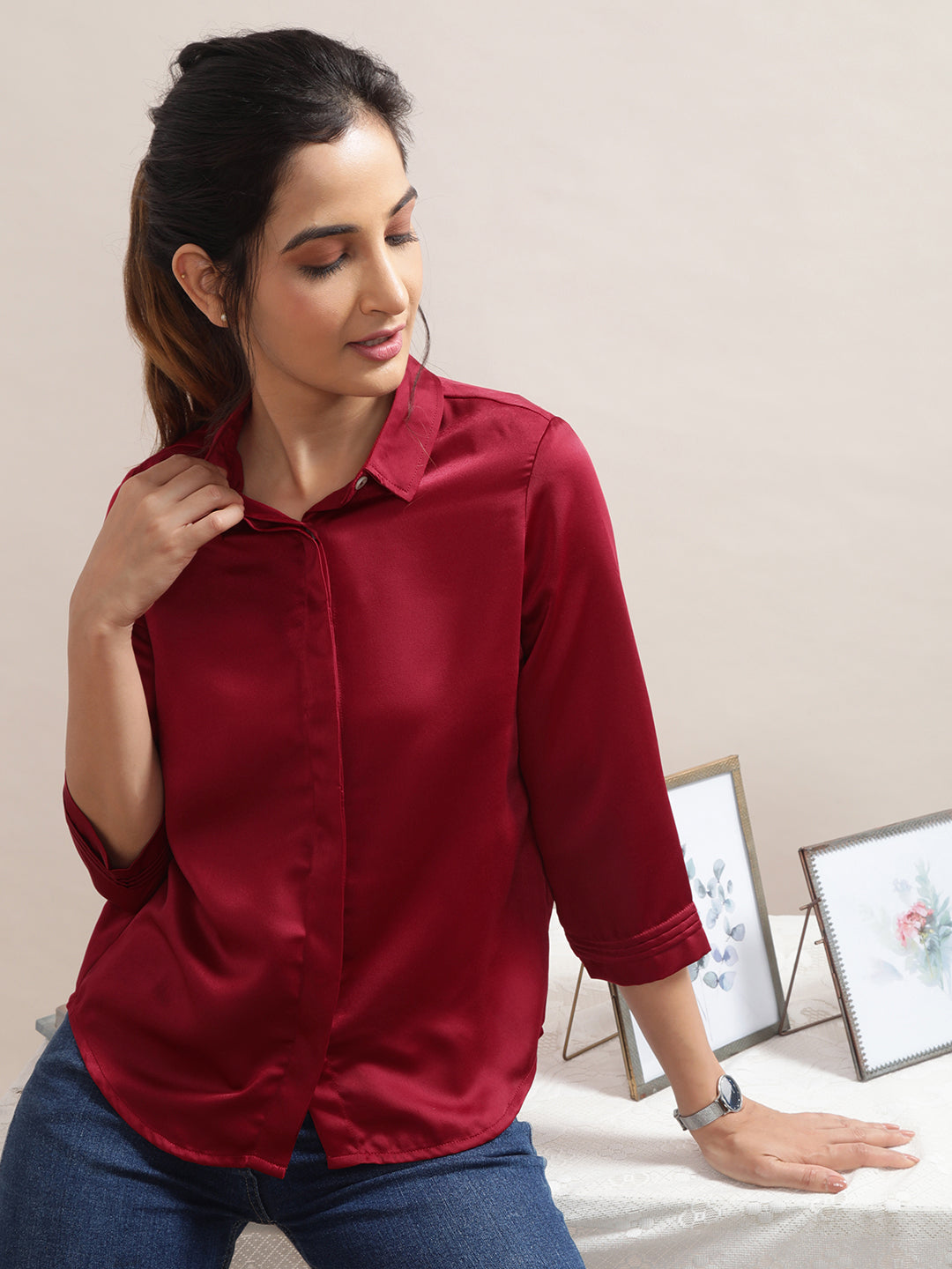 Women's Satin Shirt in Red - Sitting