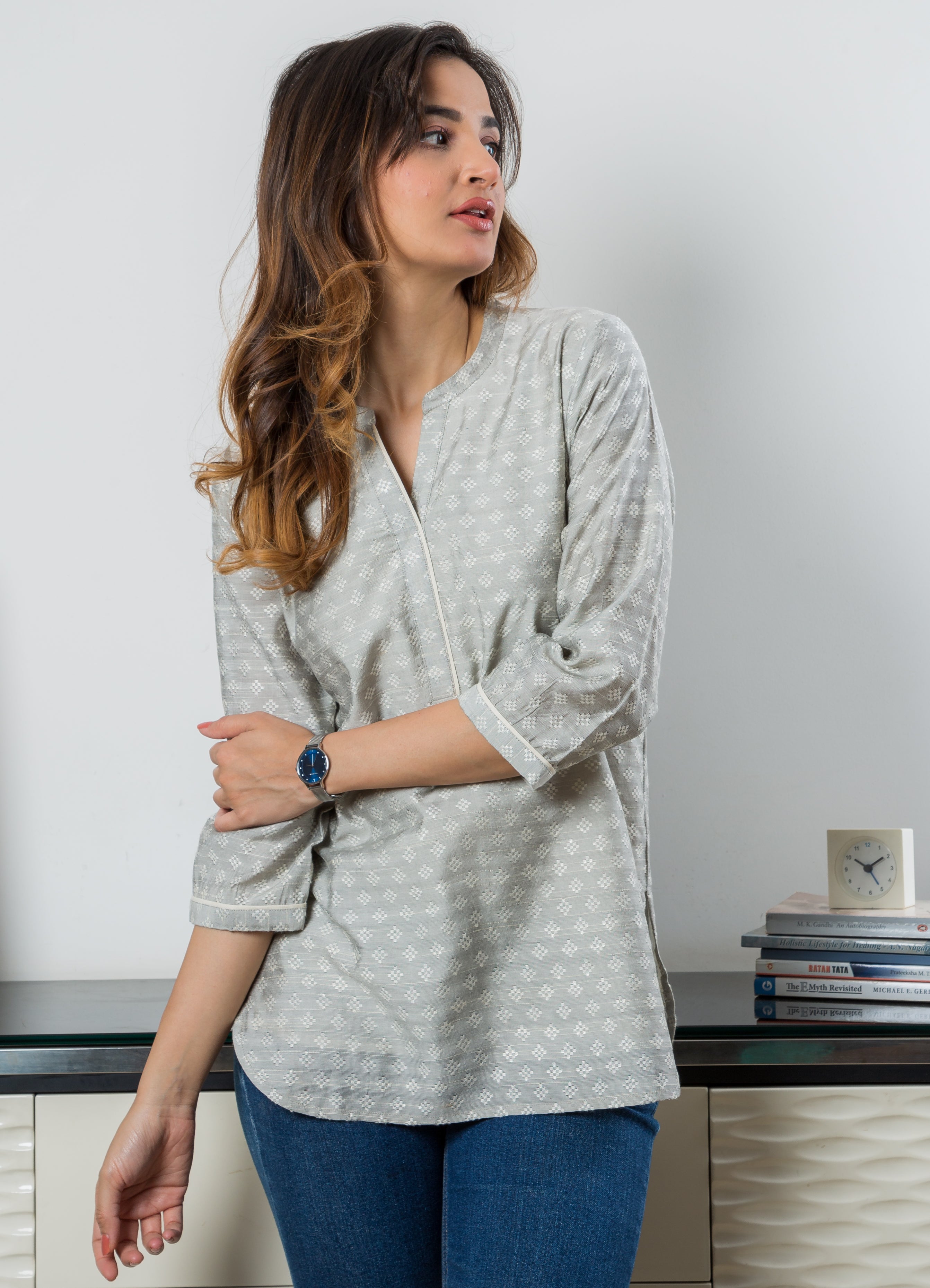  Women's Tunic in Grey & Cream Embroidery - Front