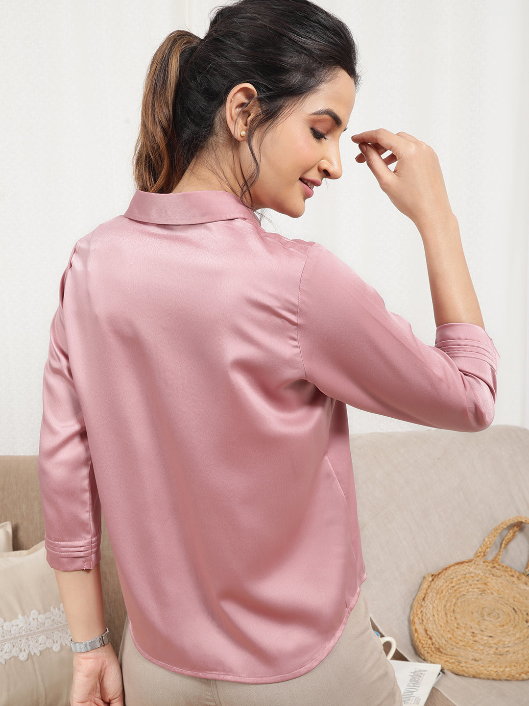 Women's Satin Shirt in Salmon Pink - Back