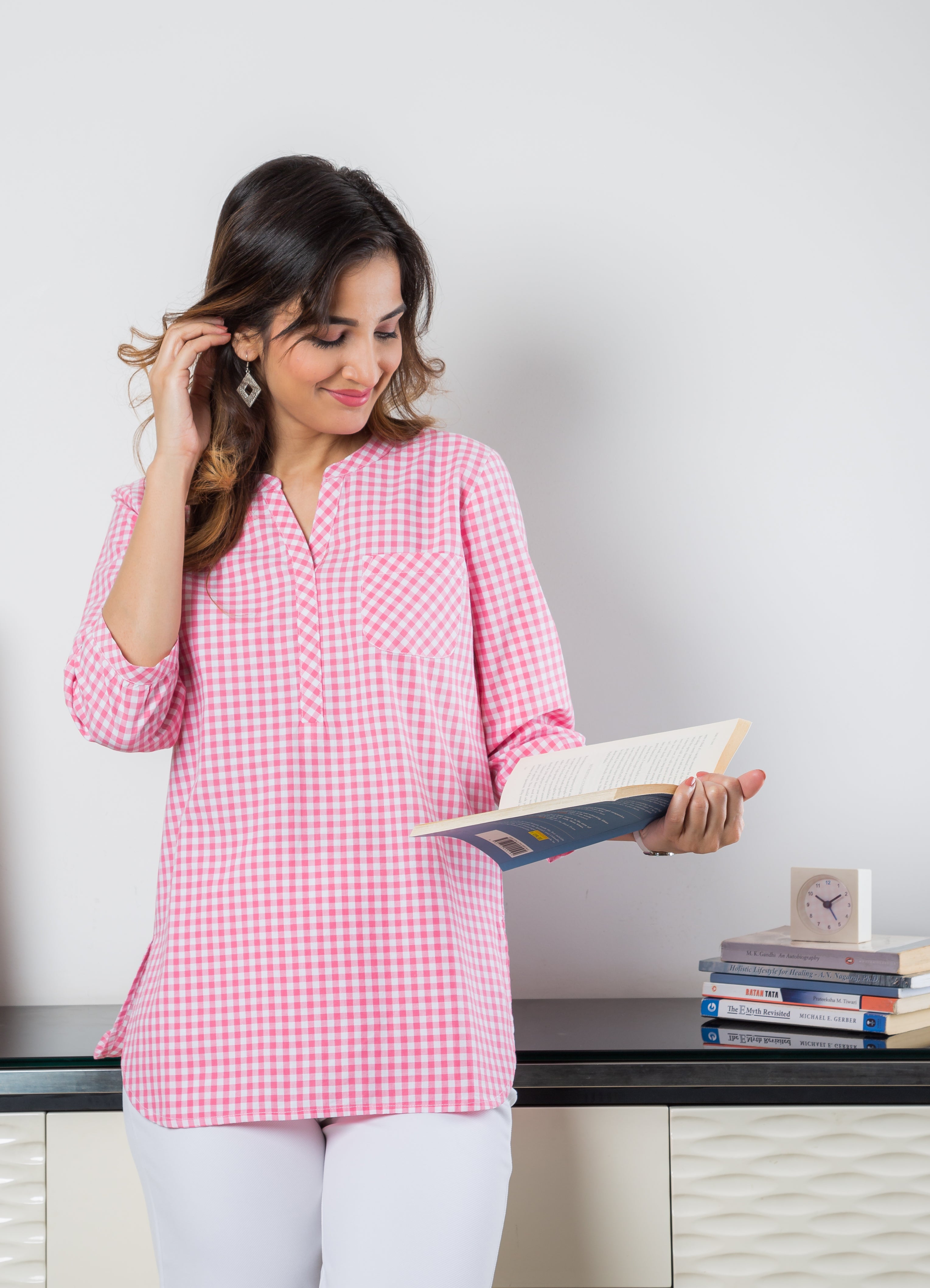 Women's Cotton Tunic in Pink Checks - Front