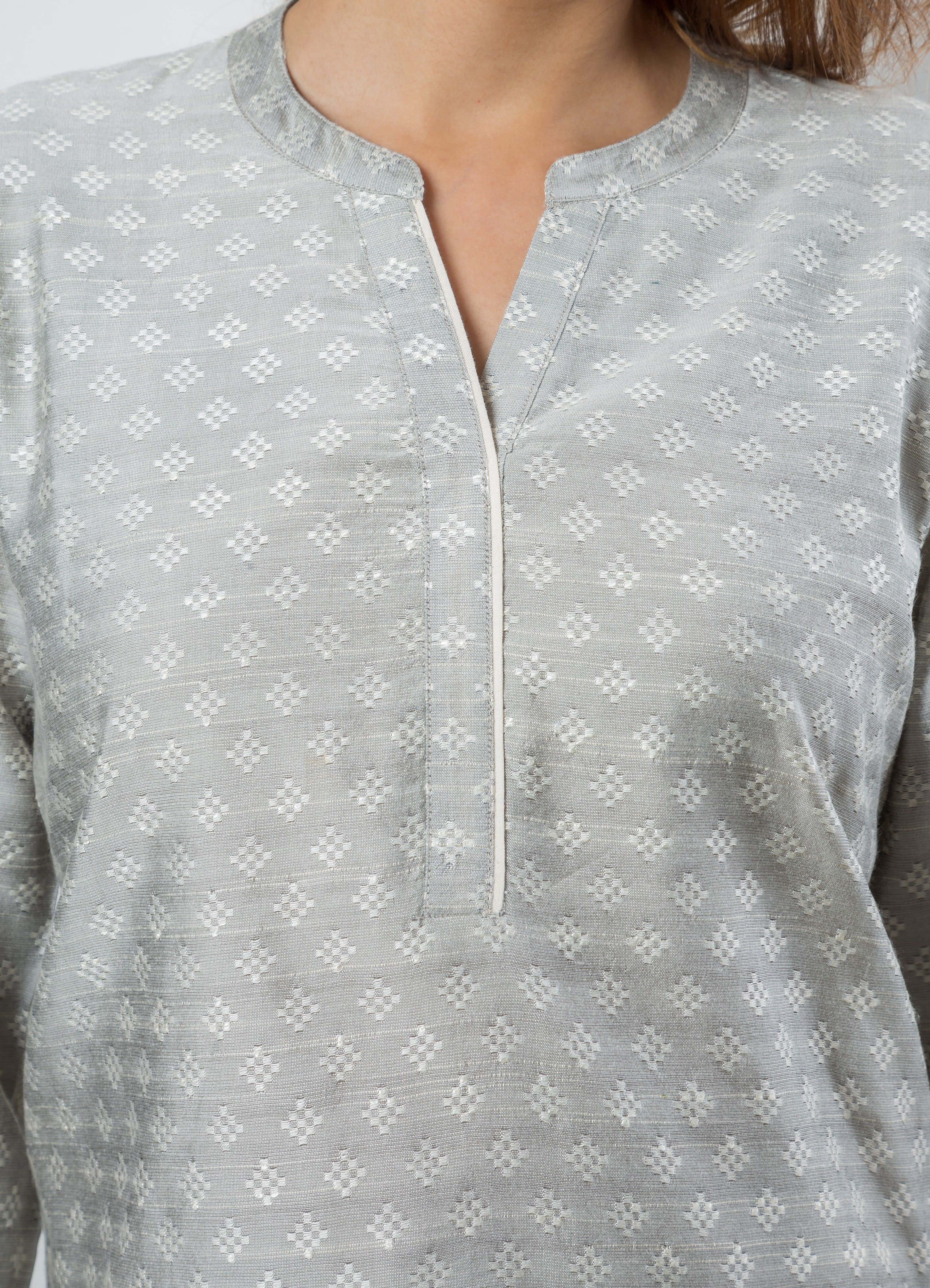Women's Tunic in Grey & Cream Embroidery - Close Up