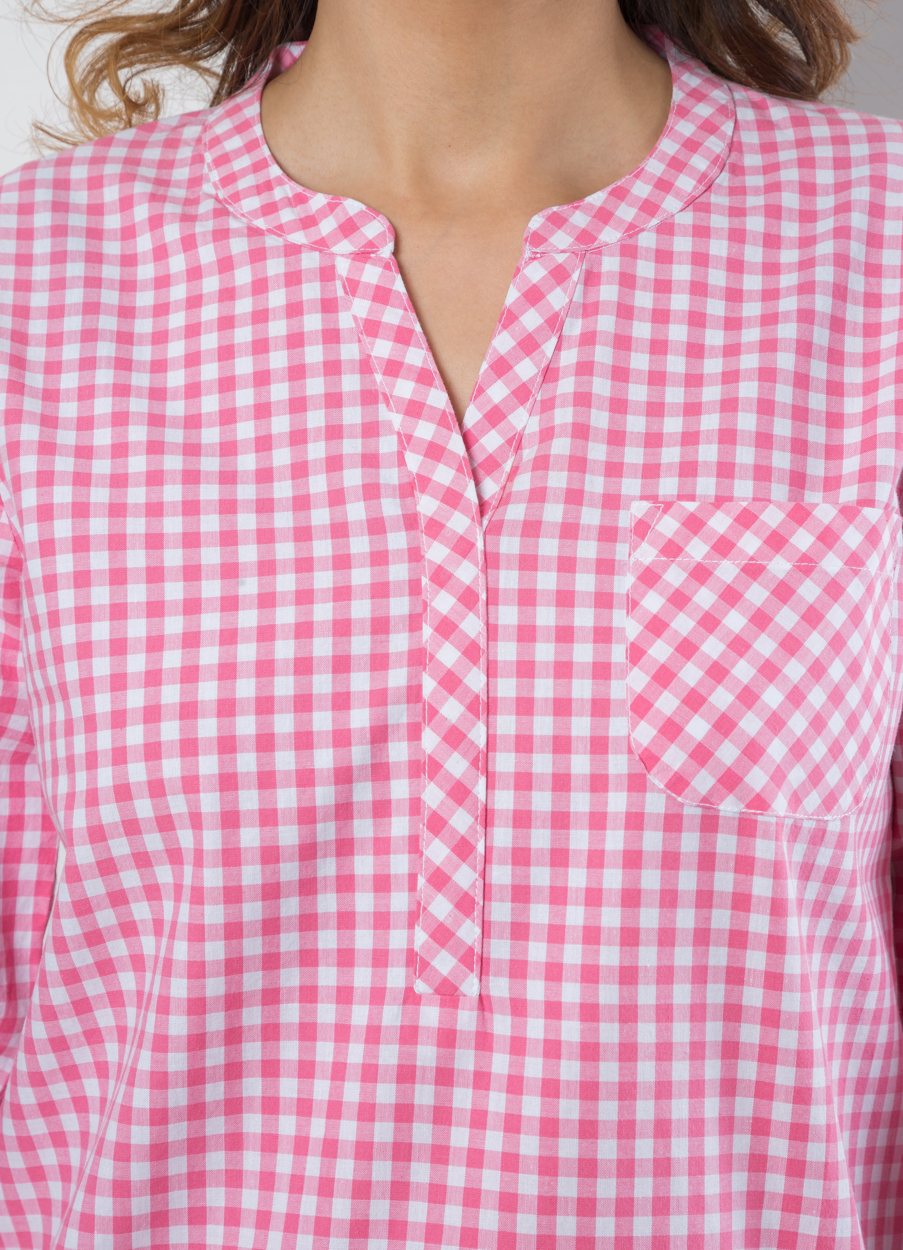 Women's Cotton Tunic in Pink Checks - Close Up