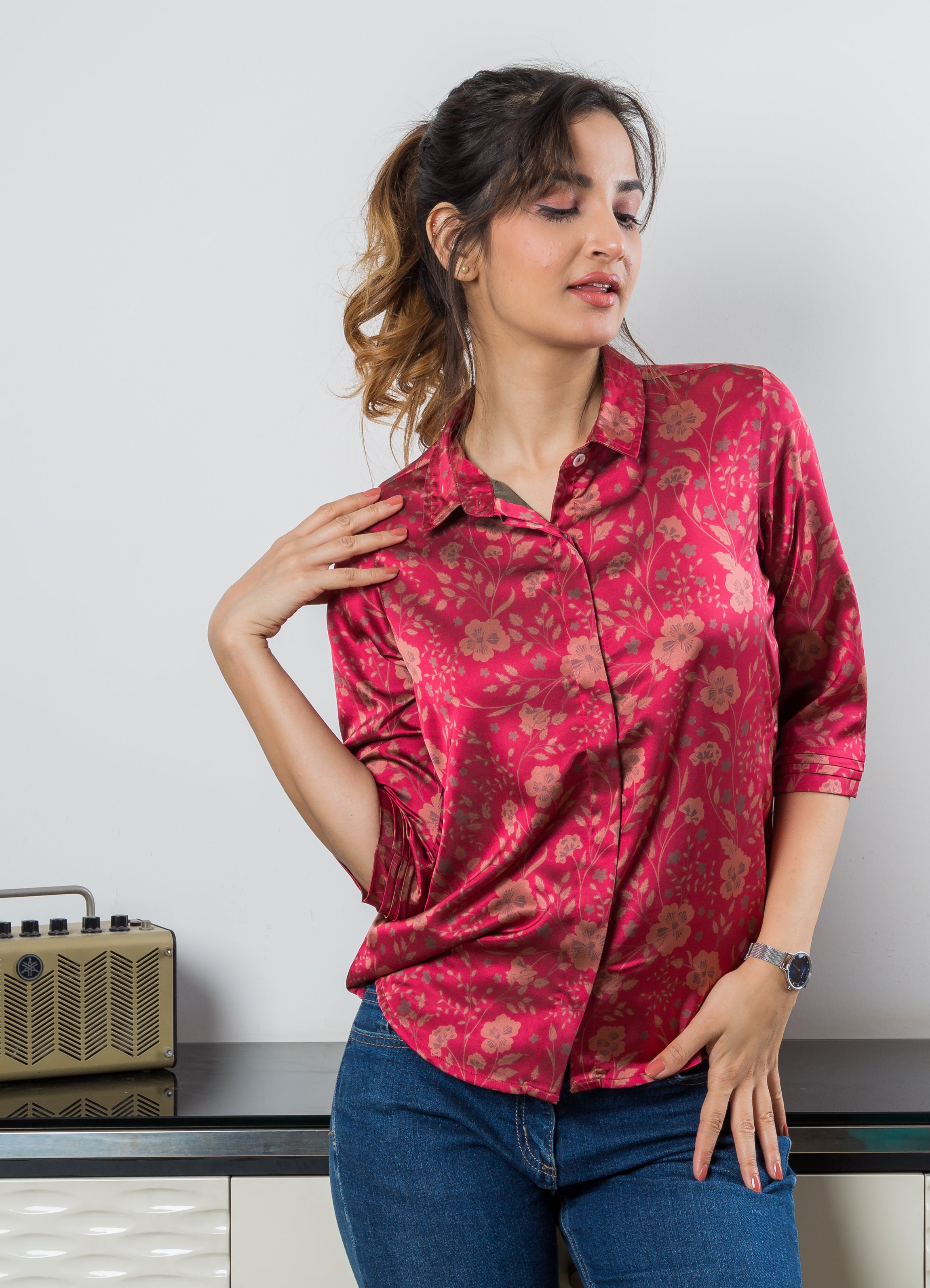 Women's Satin Shirt in Pink with Peach Floral Print - Front