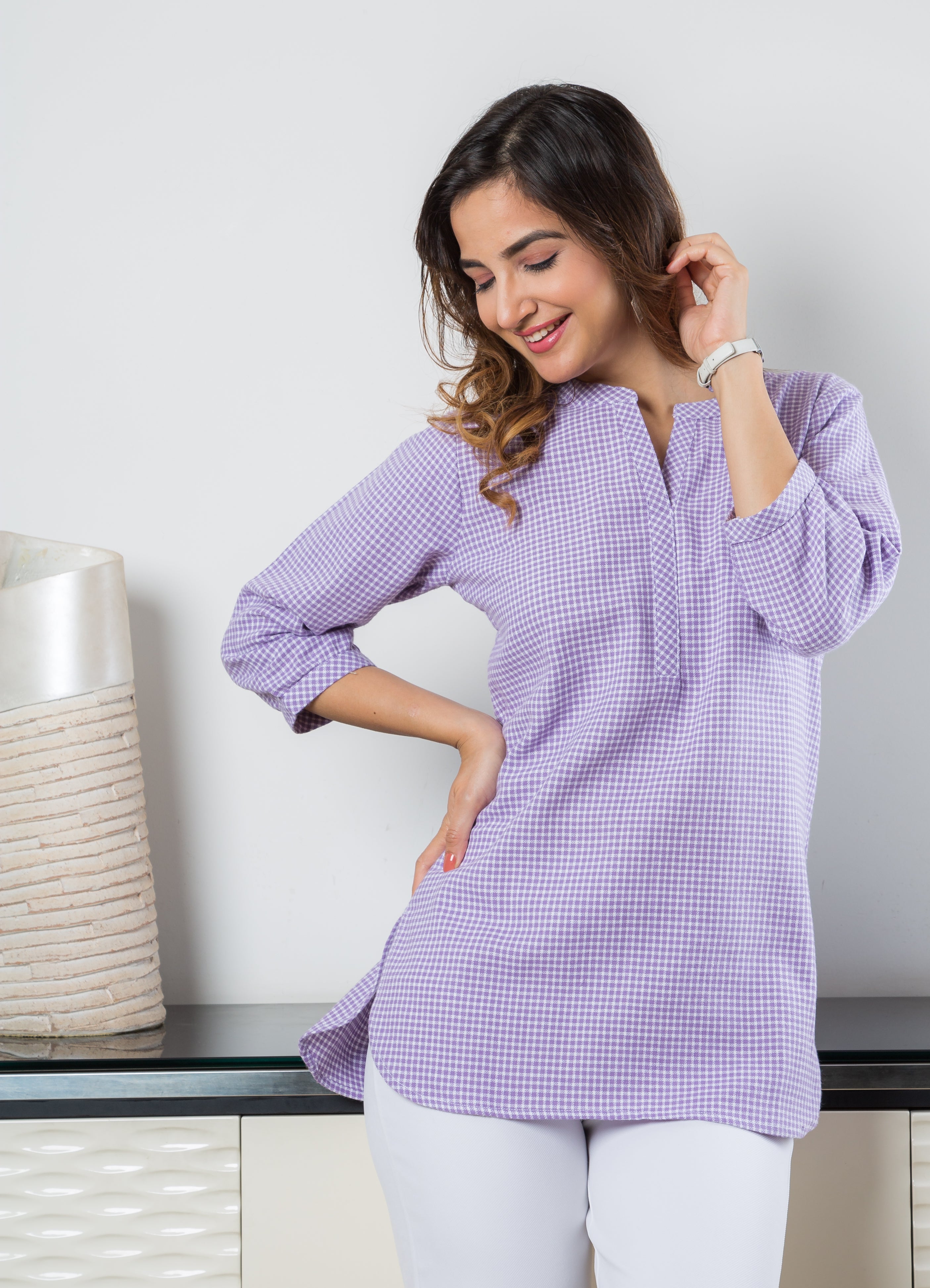  Women's  Tunic in Lilac Checkered Fabric - Front 2