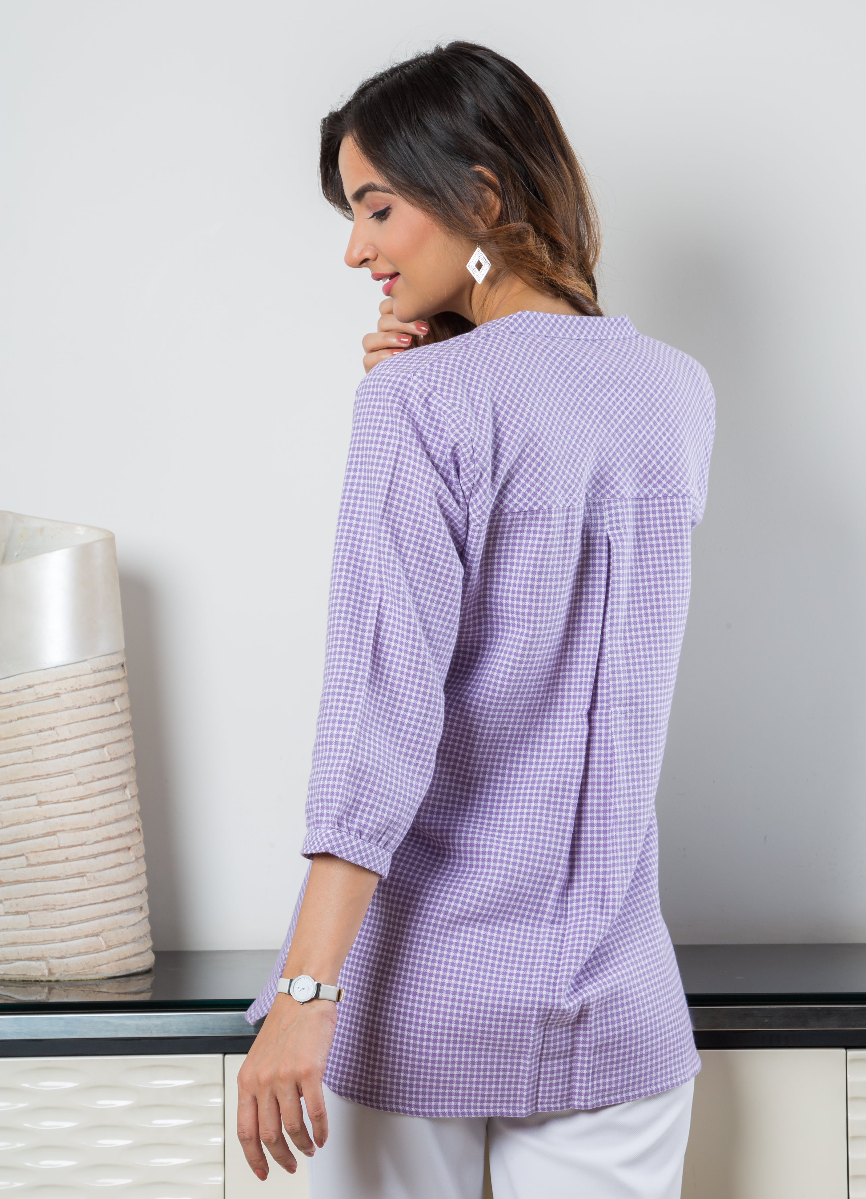  Women's  Tunic in Lilac Checkered Fabric - Back