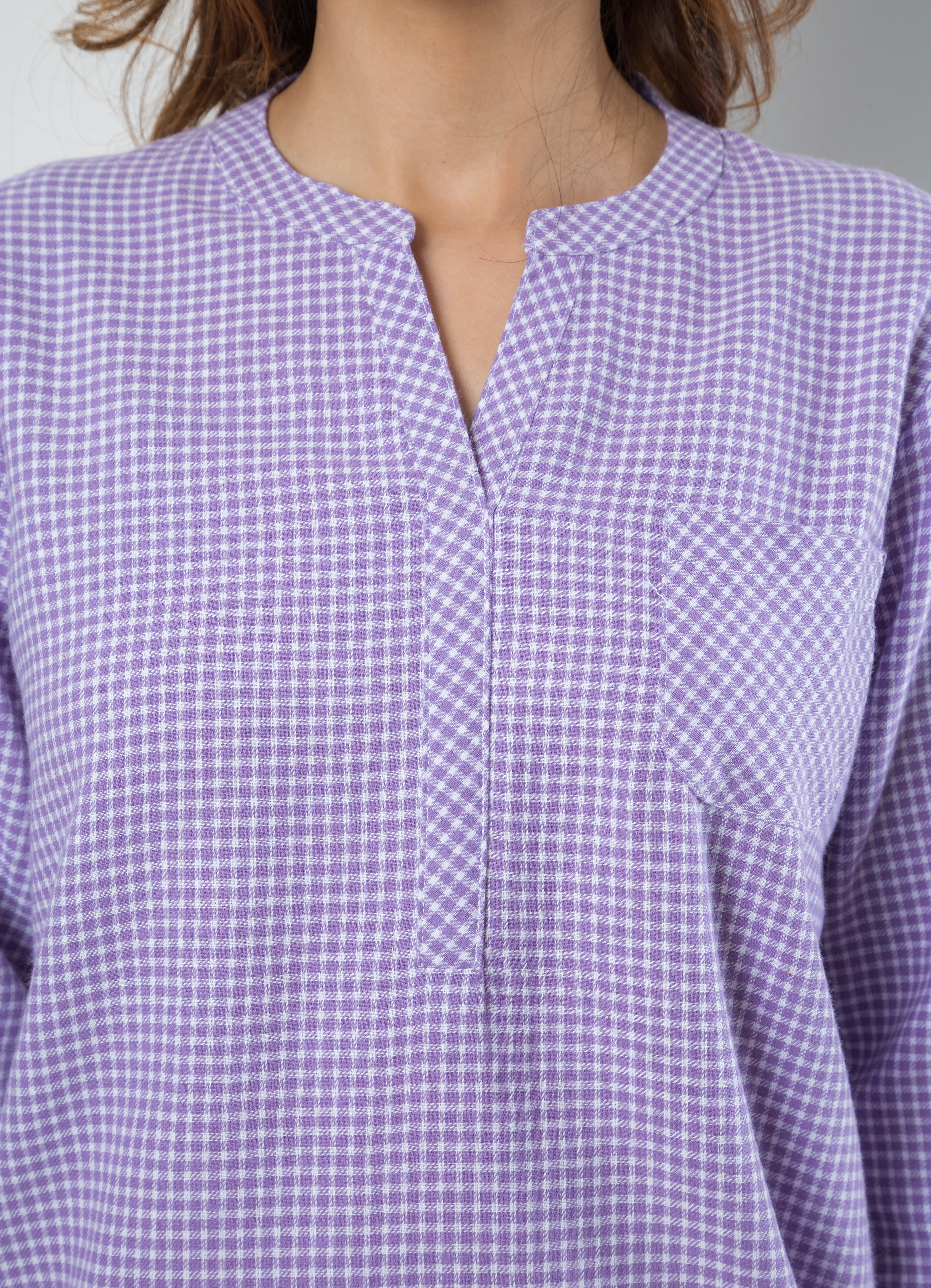  Women's  Tunic in Lilac Checkered Fabric - Close Up