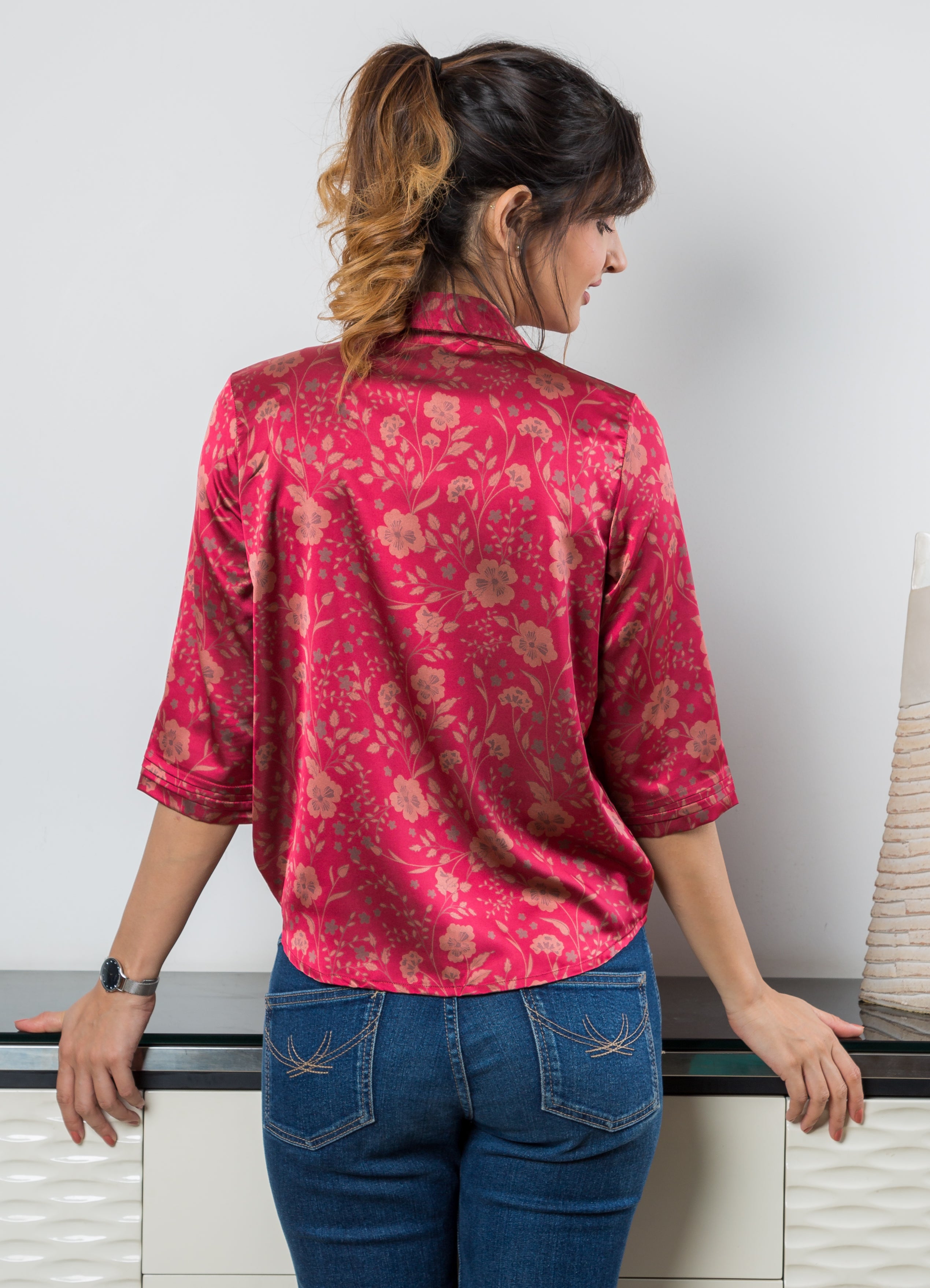 Women's Satin Shirt in Pink with Peach Floral Print - Back