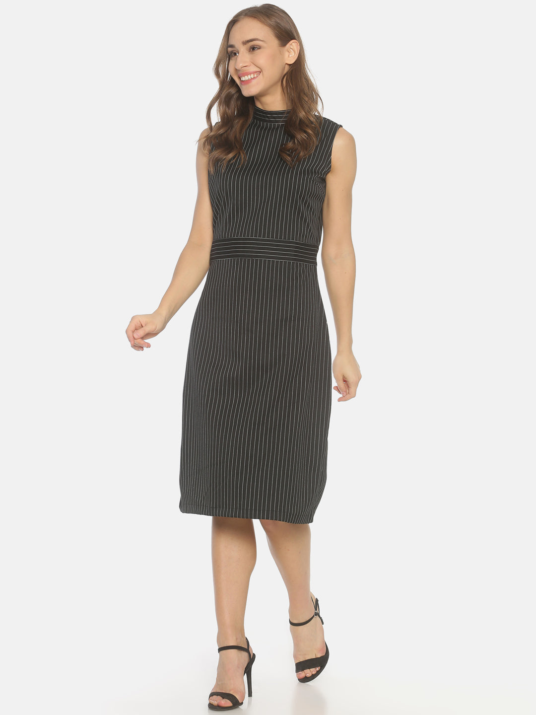 The Work Label - Black and White Stripes Sleeveless Dress - Women's western work-wear in India