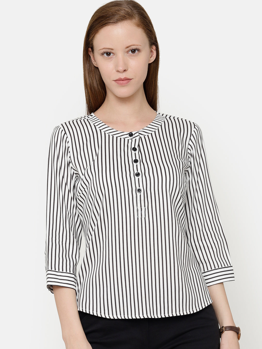 The Work Label - Black and white Stripes Round Neck Top - Women's western work-wear in India